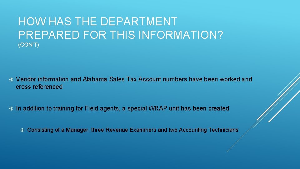 HOW HAS THE DEPARTMENT PREPARED FOR THIS INFORMATION? (CON’T) Vendor information and Alabama Sales