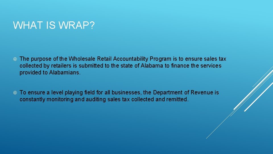 WHAT IS WRAP? The purpose of the Wholesale Retail Accountability Program is to ensure