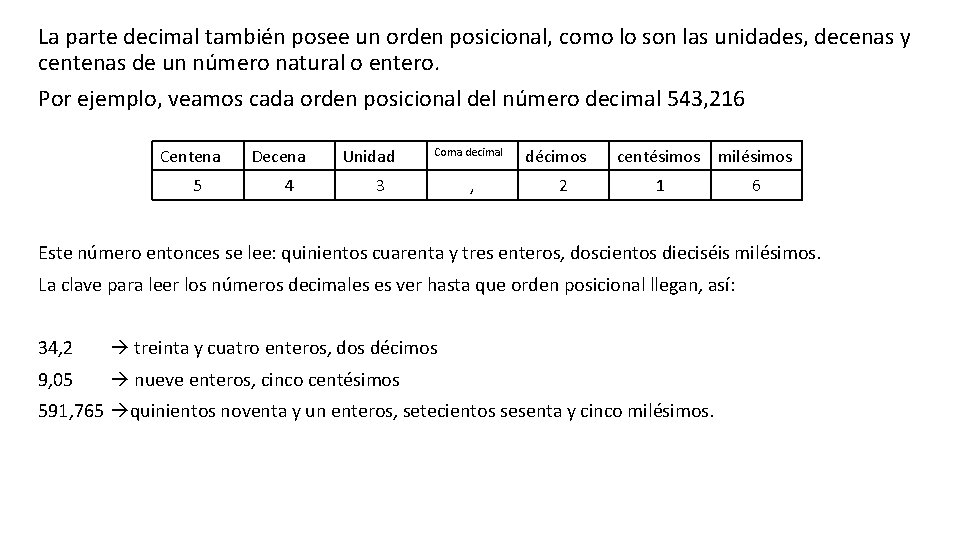 La parte decimal también posee un orden posicional, como lo son las unidades, decenas