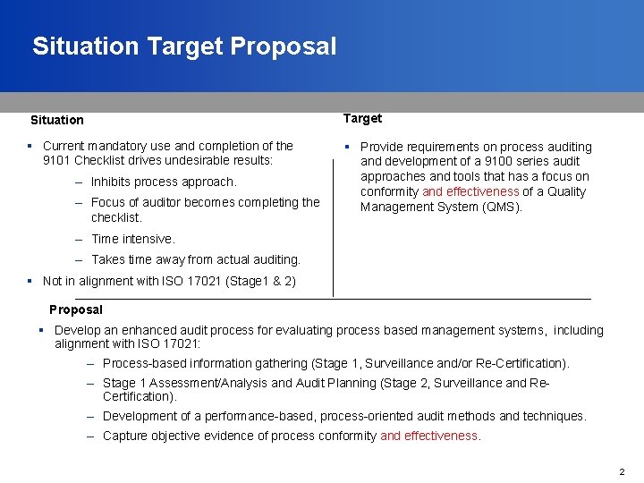 Situation Target Proposal Target Situation § Current mandatory use and completion of the 9101