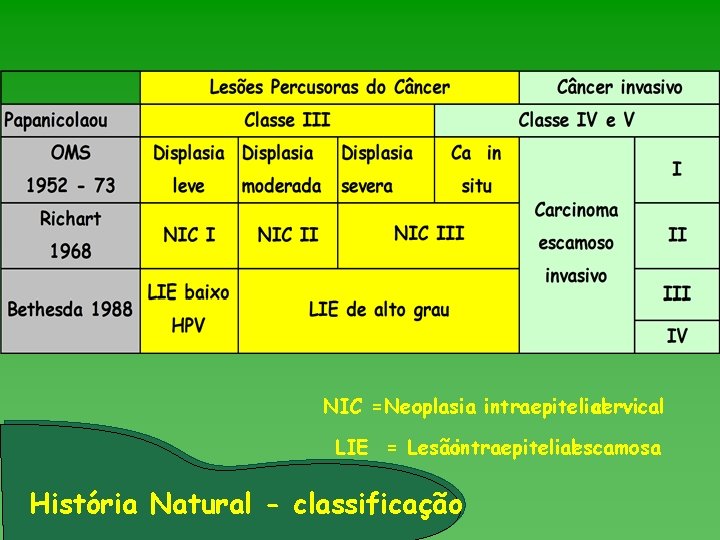 NIC = Neoplasia intraepitelial cervical LIE = Lesãointraepitelialescamosa História Natural - classificação 