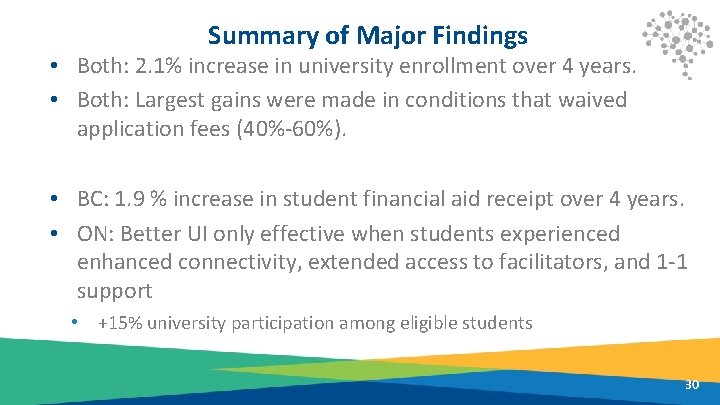 Summary of Major Findings • Both: 2. 1% increase in university enrollment over 4
