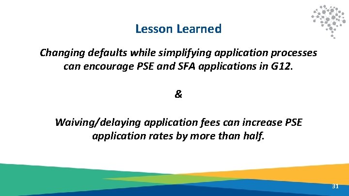 Lesson Learned Changing defaults while simplifying application processes can encourage PSE and SFA applications
