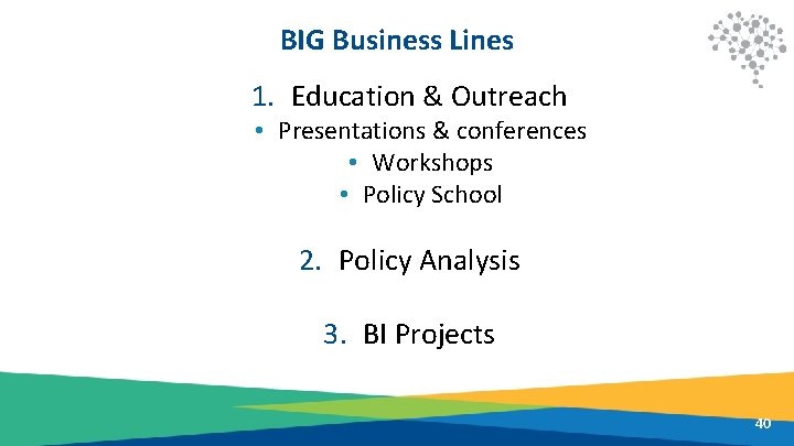 BIG Business Lines 1. Education & Outreach • Presentations & conferences • Workshops •