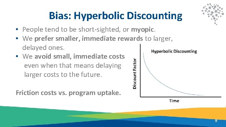 Bias: Hyperbolic Discounting • People tend to be short-sighted, or myopic. • We prefer