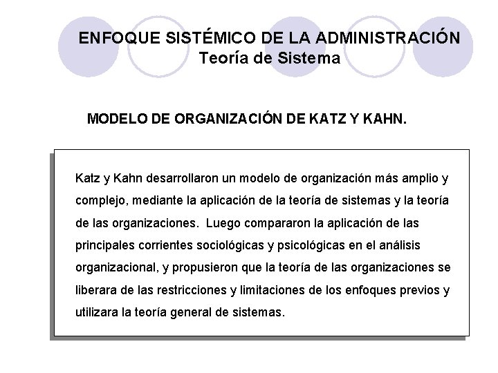 ENFOQUE SISTÉMICO DE LA ADMINISTRACIÓN Teoría de Sistema MODELO DE ORGANIZACIÓN DE KATZ Y