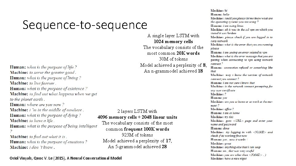 Sequence-to-sequence A single layer LSTM with 1024 memory cells The vocabulary consists of the