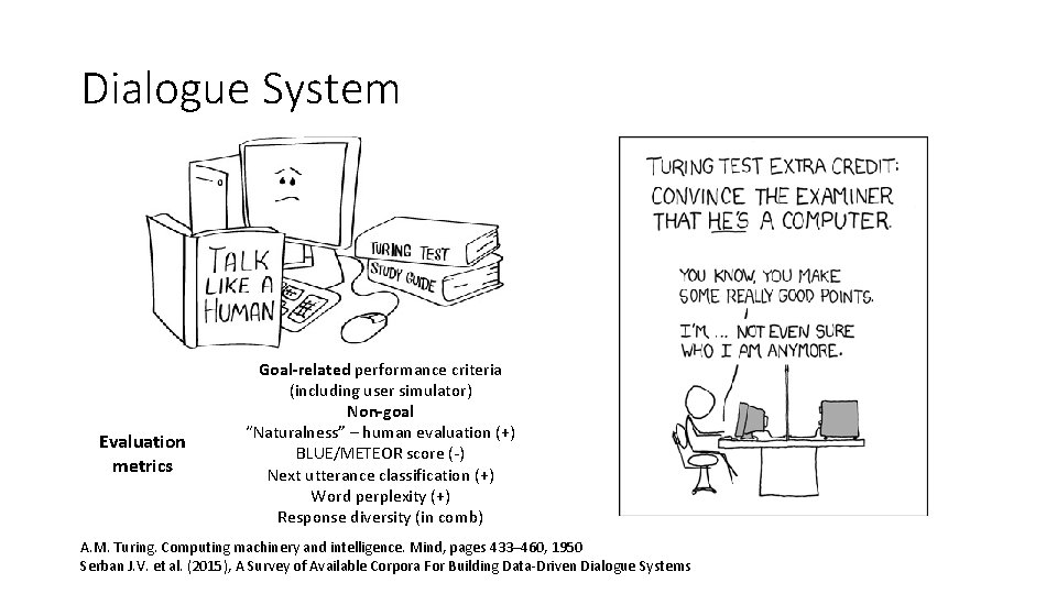 Dialogue System Evaluation metrics Goal-related performance criteria (including user simulator) Non-goal “Naturalness” – human