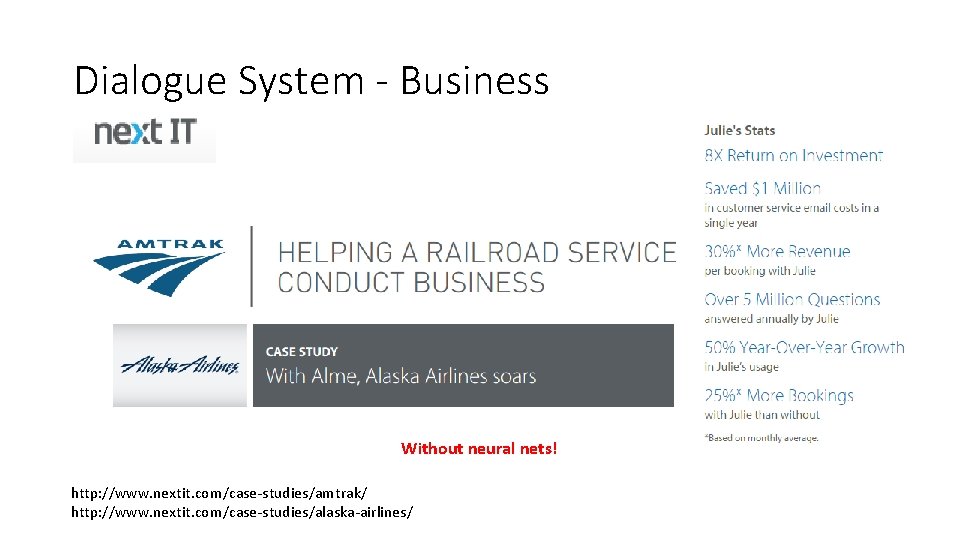 Dialogue System - Business Without neural nets! http: //www. nextit. com/case-studies/amtrak/ http: //www. nextit.