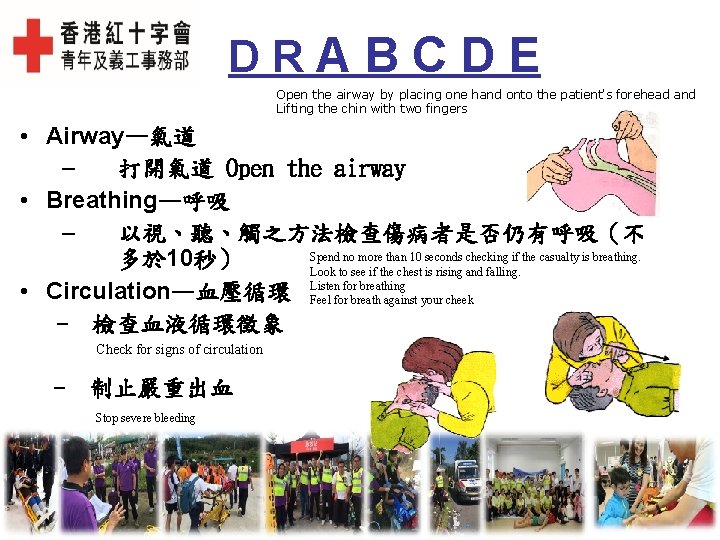 DRABCDE Open the airway by placing one hand onto the patient's forehead and Lifting