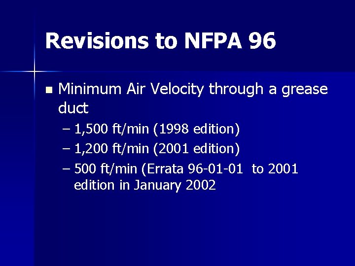 Revisions to NFPA 96 n Minimum Air Velocity through a grease duct – 1, Revisions to NFPA 96 n Minimum Air Velocity through a grease duct – 1,