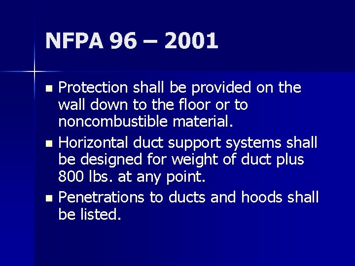 NFPA 96 – 2001 Protection shall be provided on the wall down to the NFPA 96 – 2001 Protection shall be provided on the wall down to the