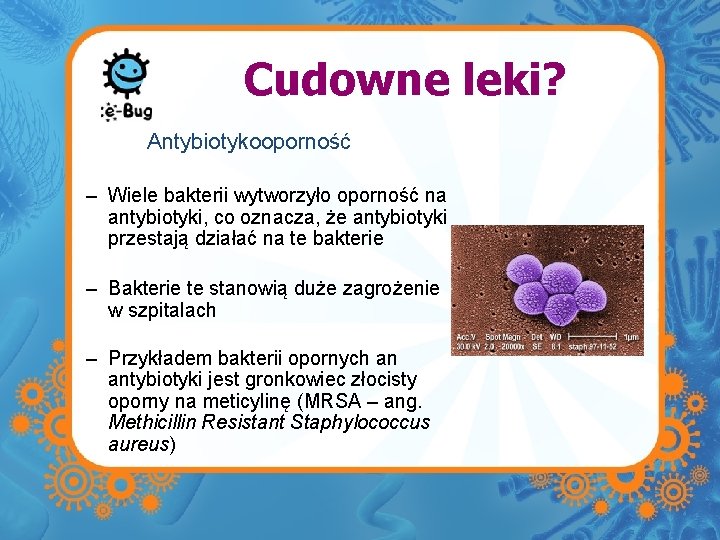 Cudowne leki? Antybiotykooporność – Wiele bakterii wytworzyło oporność na antybiotyki, co oznacza, że antybiotyki