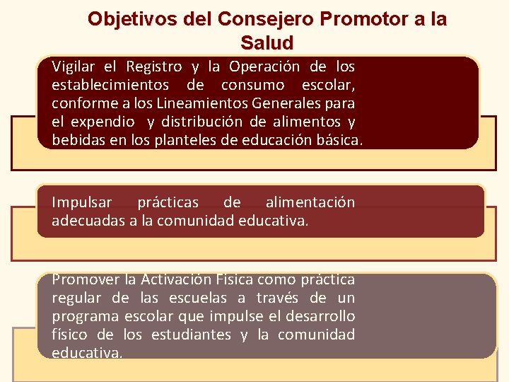 Objetivos del Consejero Promotor a la Salud Vigilar el Registro y la Operación de