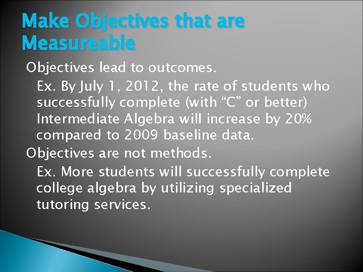 Make Objectives that are Measureable Objectives lead to outcomes. Ex. By July 1, 2012,