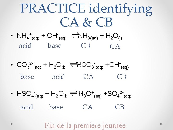 PRACTICE identifying CA & CB • NH 4+(aq) + OH-(aq) acid base NH 3(aq)