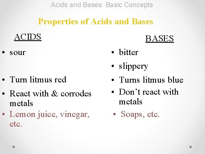 Acids and Bases: Basic Concepts Properties of Acids and Bases ACIDS • sour •