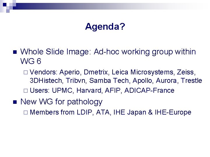 Agenda? n Whole Slide Image: Ad-hoc working group within WG 6 ¨ Vendors: Aperio,