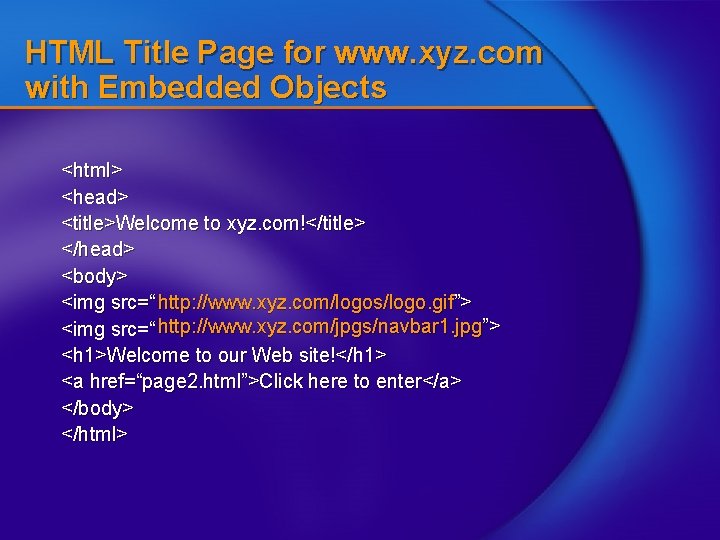 HTML Title Page for www. xyz. com with Embedded Objects <html> <head> <title>Welcome to
