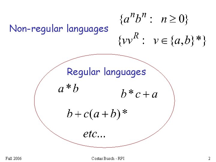 Non-regular languages Regular languages Fall 2006 Costas Busch - RPI 2 