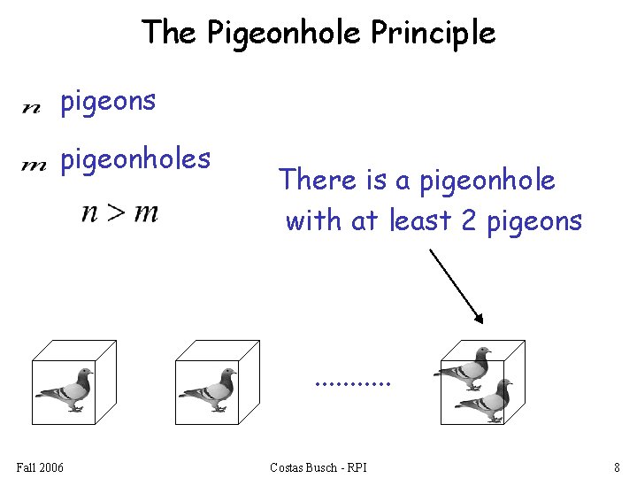 The Pigeonhole Principle pigeons pigeonholes There is a pigeonhole with at least 2 pigeons