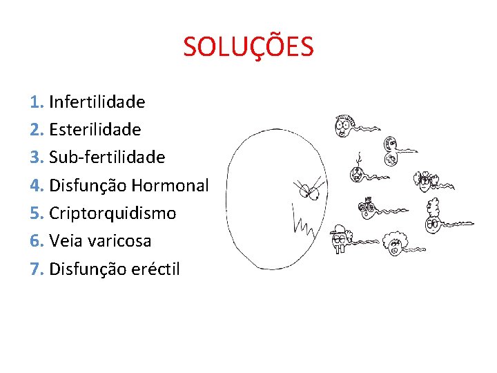 SOLUÇÕES 1. Infertilidade 2. Esterilidade 3. Sub-fertilidade 4. Disfunção Hormonal 5. Criptorquidismo 6. Veia