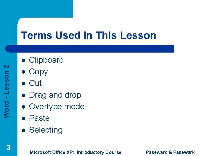 Terms Used in This Lesson Word - Lesson 2 l l l l 3