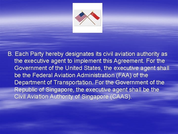 B. Each Party hereby designates its civil aviation authority as the executive agent to