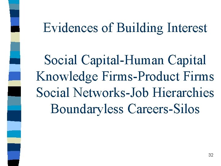 Evidences of Building Interest Social Capital-Human Capital Knowledge Firms-Product Firms Social Networks-Job Hierarchies Boundaryless