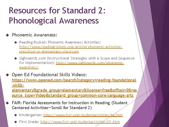 Resources for Standard 2: Phonological Awareness Phonemic Awareness: Reading Rockets Phonemic Awareness Activities: http: