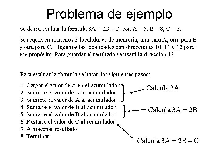 Problema de ejemplo Se desea evaluar la fórmula 3 A + 2 B –