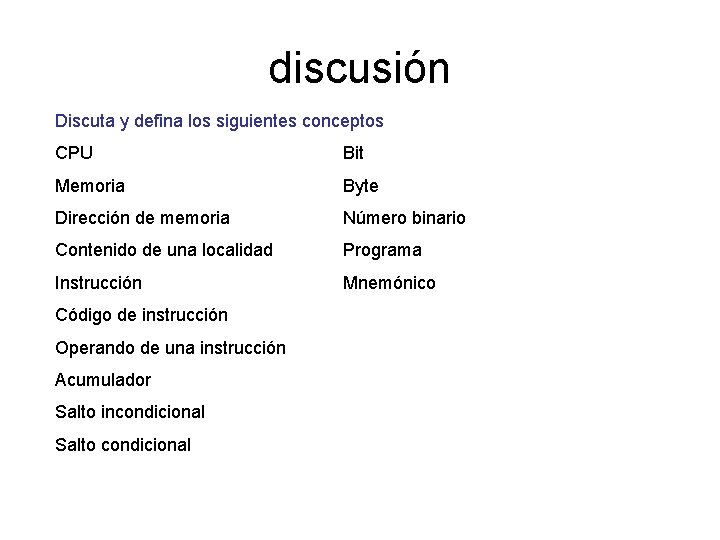 discusión Discuta y defina los siguientes conceptos CPU Bit Memoria Byte Dirección de memoria