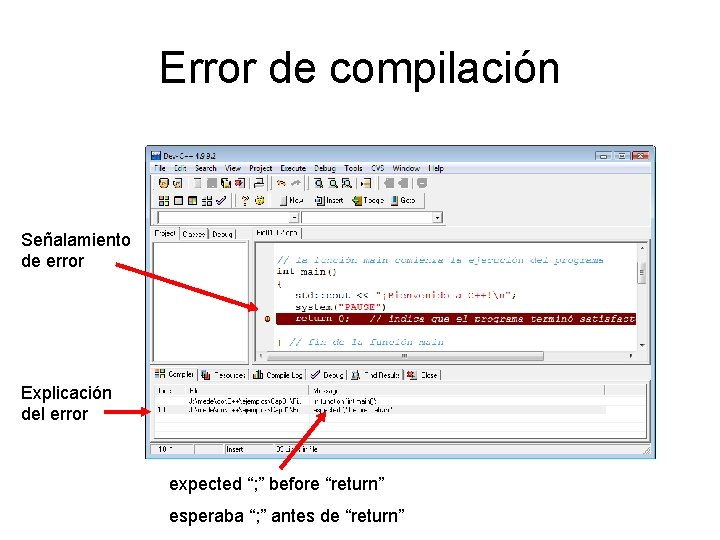 Error de compilación Señalamiento de error Explicación del error expected “; ” before “return”