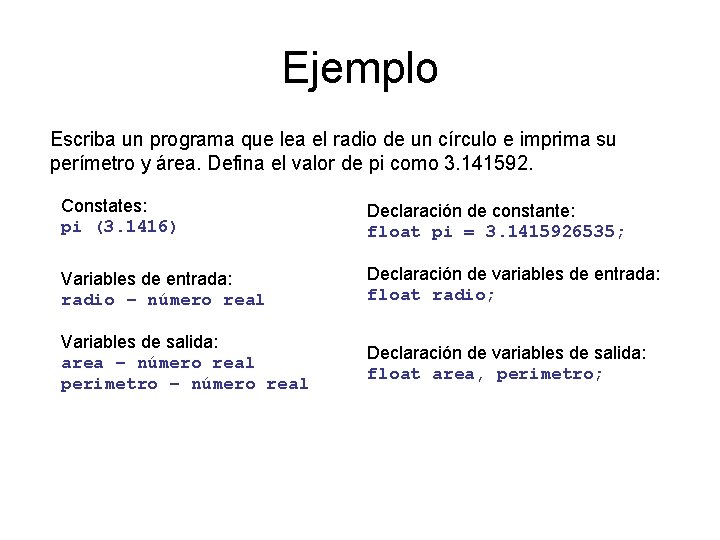 Ejemplo Escriba un programa que lea el radio de un círculo e imprima su