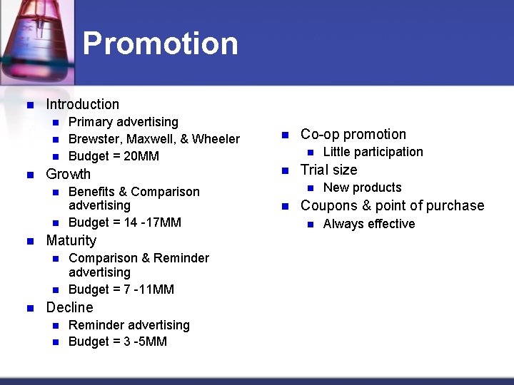 Promotion n Introduction n n Growth n n n Benefits & Comparison advertising Budget