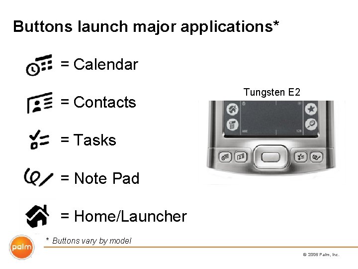 Buttons launch major applications* = Calendar = Contacts Tungsten E 2 = Tasks =