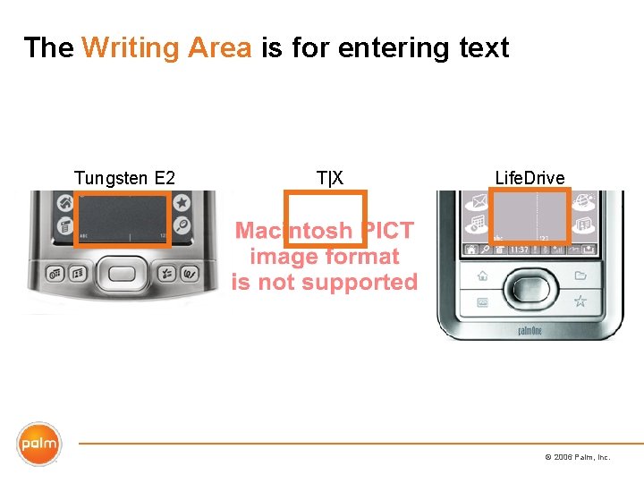 The Writing Area is for entering text Tungsten E 2 T|X Life. Drive ©