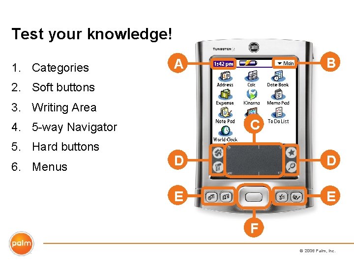 Test your knowledge! 1. Categories B A 2. Soft buttons 3. Writing Area C