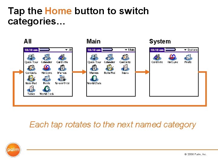 Tap the Home button to switch categories… All Main System Each tap rotates to