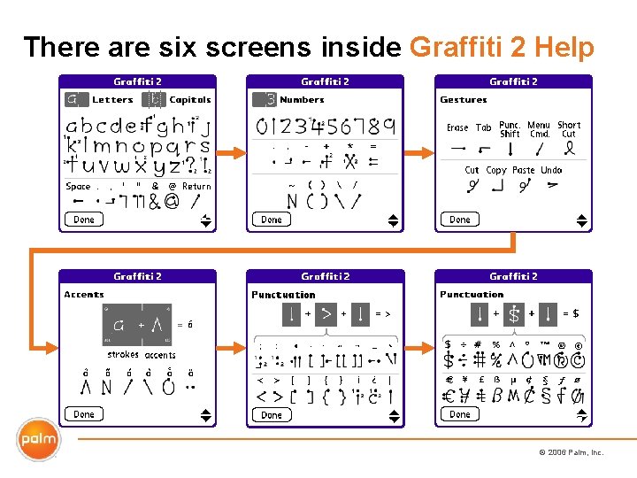 There are six screens inside Graffiti 2 Help © 2006 Palm, Inc. 