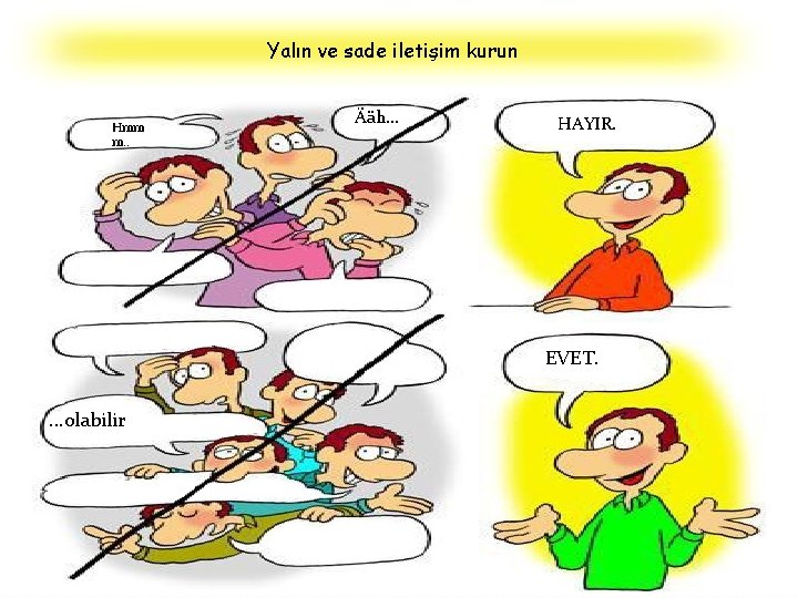 Yalın ve sade iletişim kurun Hmm m. . Ääh. . . HAYIR. EVET. .
