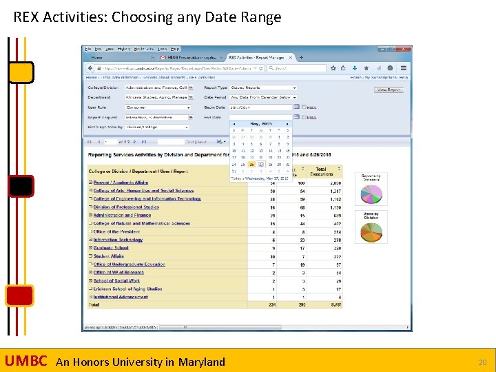 REX Activities: Choosing any Date Range UMBC An Honors University in Maryland 20 