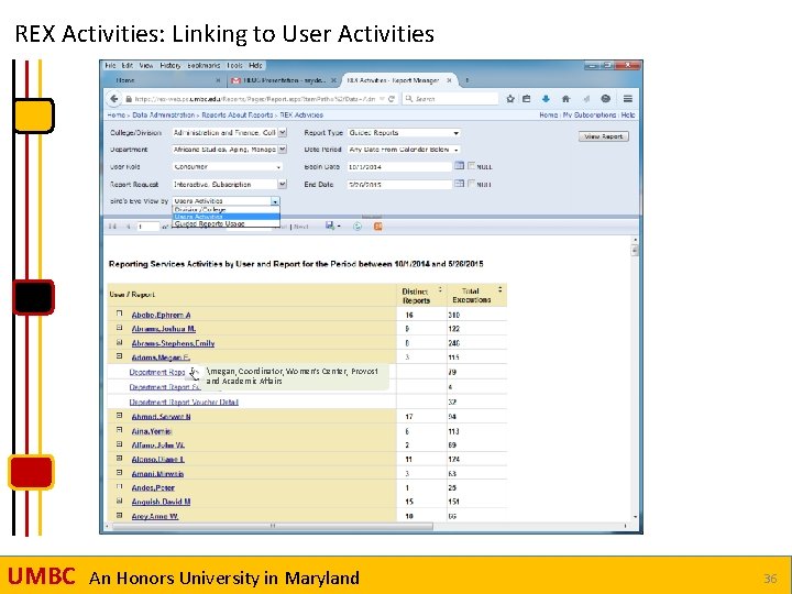 REX Activities: Linking to User Activities megan, Coordinator, Women’s Center, Provost and Academic Affairs
