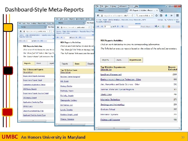 Dashboard-Style Meta-Reports UMBC An Honors University in Maryland 39 