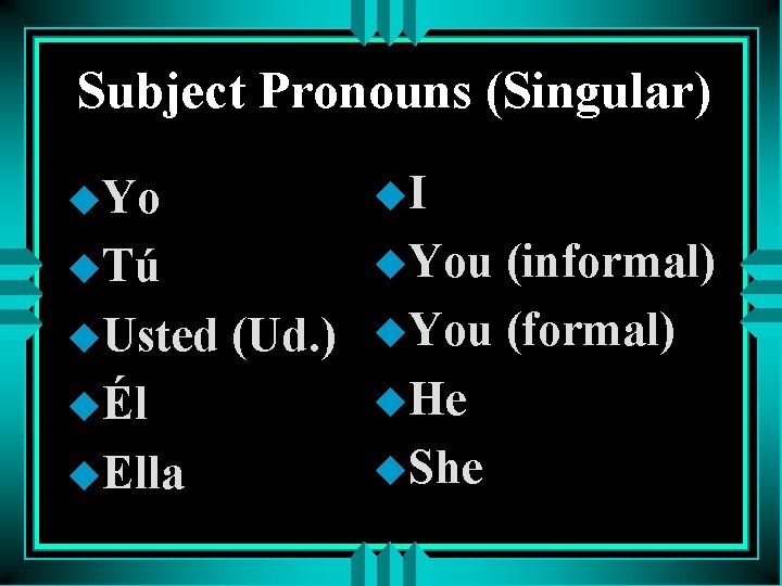 Subject Pronouns (Singular) u. Yo u. I (informal) u. Usted (Ud. ) u. You
