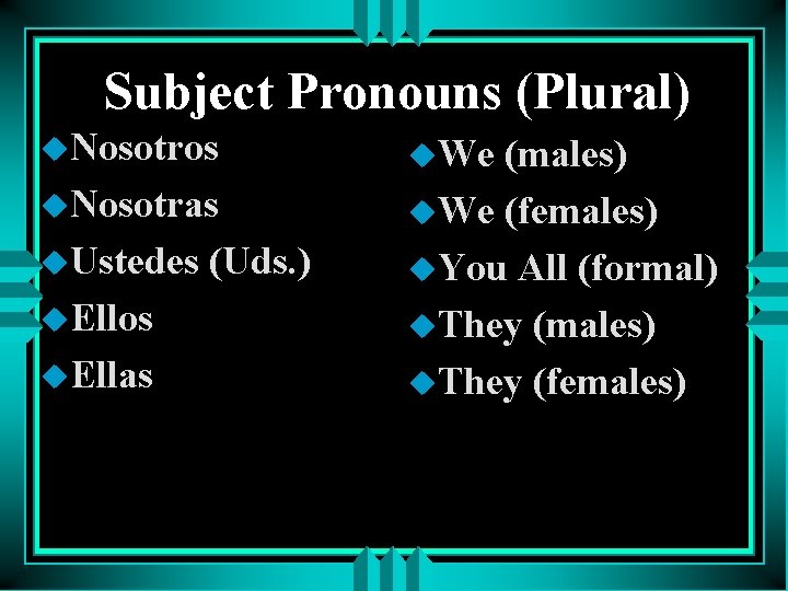 Subject Pronouns (Plural) u. Nosotros u. Nosotras u. Ustedes u. Ellos u. Ellas (Uds.