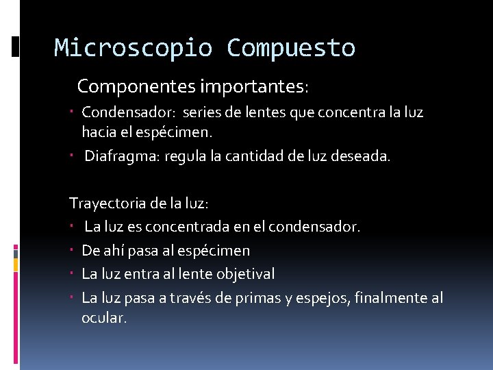 Microscopio Compuesto Componentes importantes: Condensador: series de lentes que concentra la luz hacia el