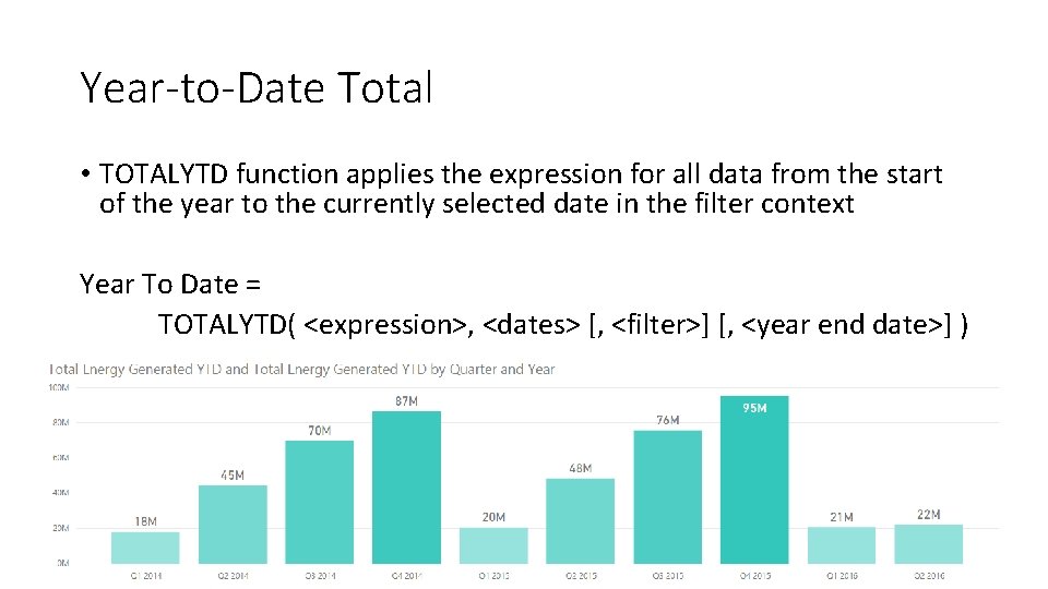 Year-to-Date Total • TOTALYTD function applies the expression for all data from the start