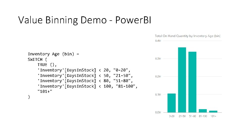 Value Binning Demo - Power. BI Inventory Age (bin) = SWITCH ( TRUE (),