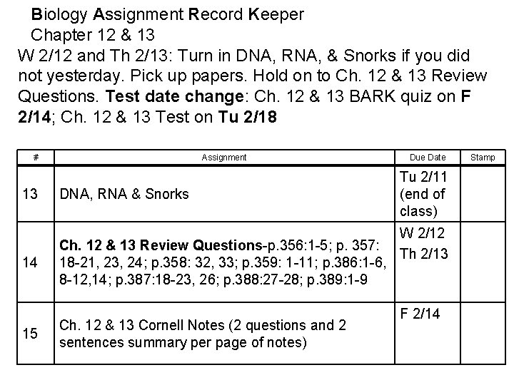 Biology Assignment Record Keeper Chapter 12 & 13 W 2/12 and Th 2/13: Turn